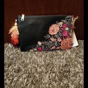 Black Embroidered Flower Clutch